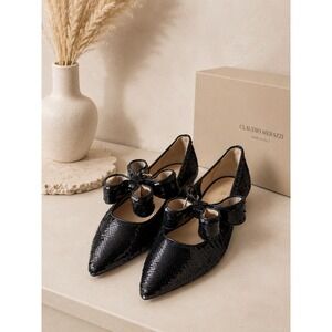 Polly Plume Bonnie Black Sequin Pointed Toe Bow Flat Made in Italy Size 40 Women